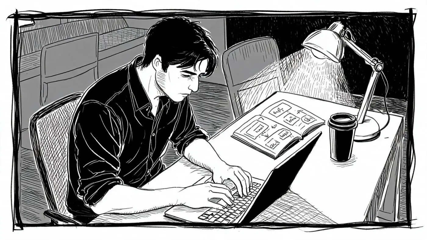 A young engineer at a desk late at night, drawing an architecture by hand next to a laptop.