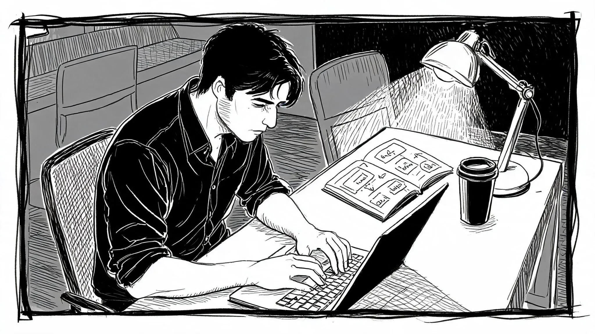 Mark writing code by hand at night