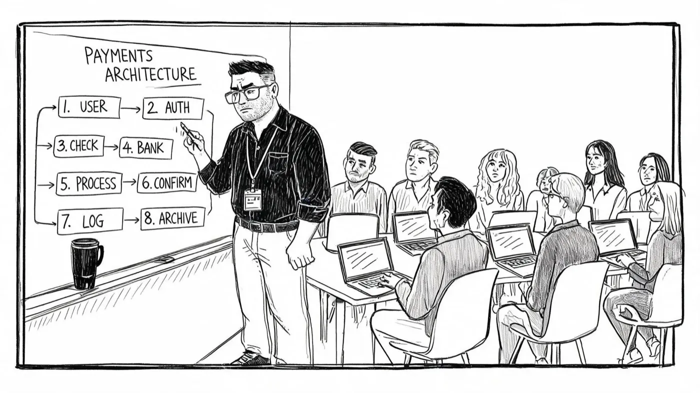 The same engineer, older, presenting a payments architecture diagram to a room of eight people.