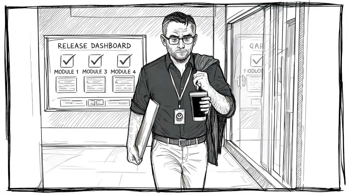 Mark walking past a release dashboard where every module shows a green tick.