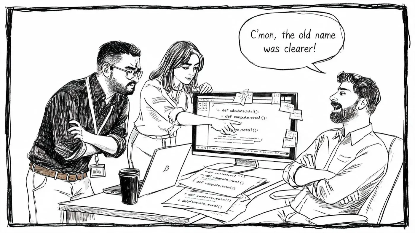 Three engineers arguing over a screen during a code review.