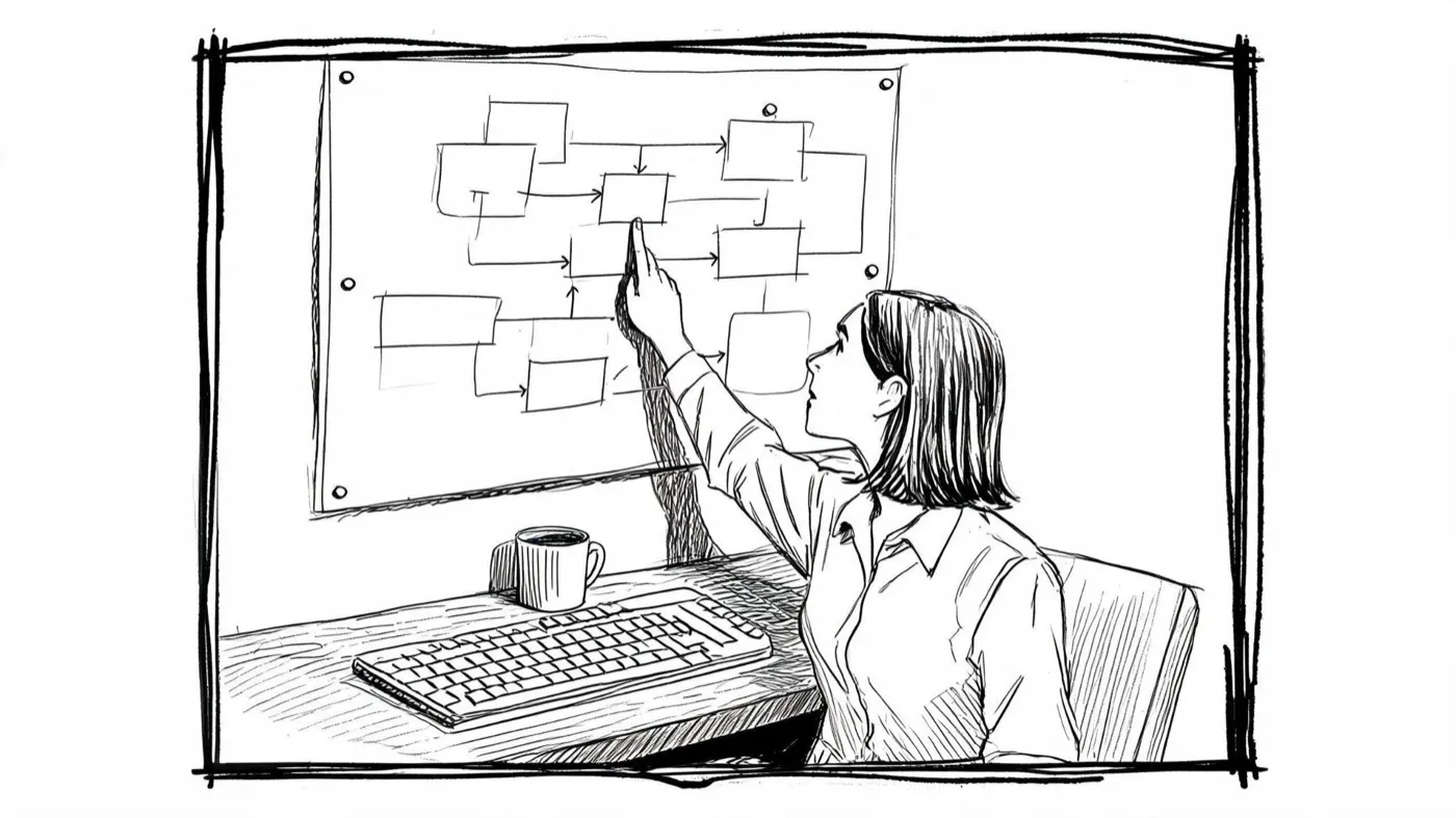 An engineer at a wall of pinned notes, tracing the shape of a system by hand.