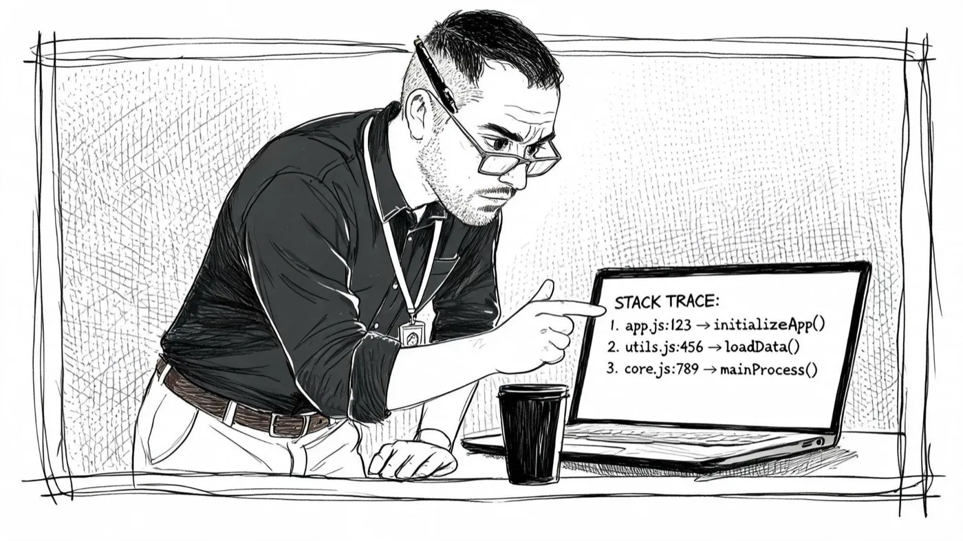 An engineer reading a stack trace, following it back through three files.