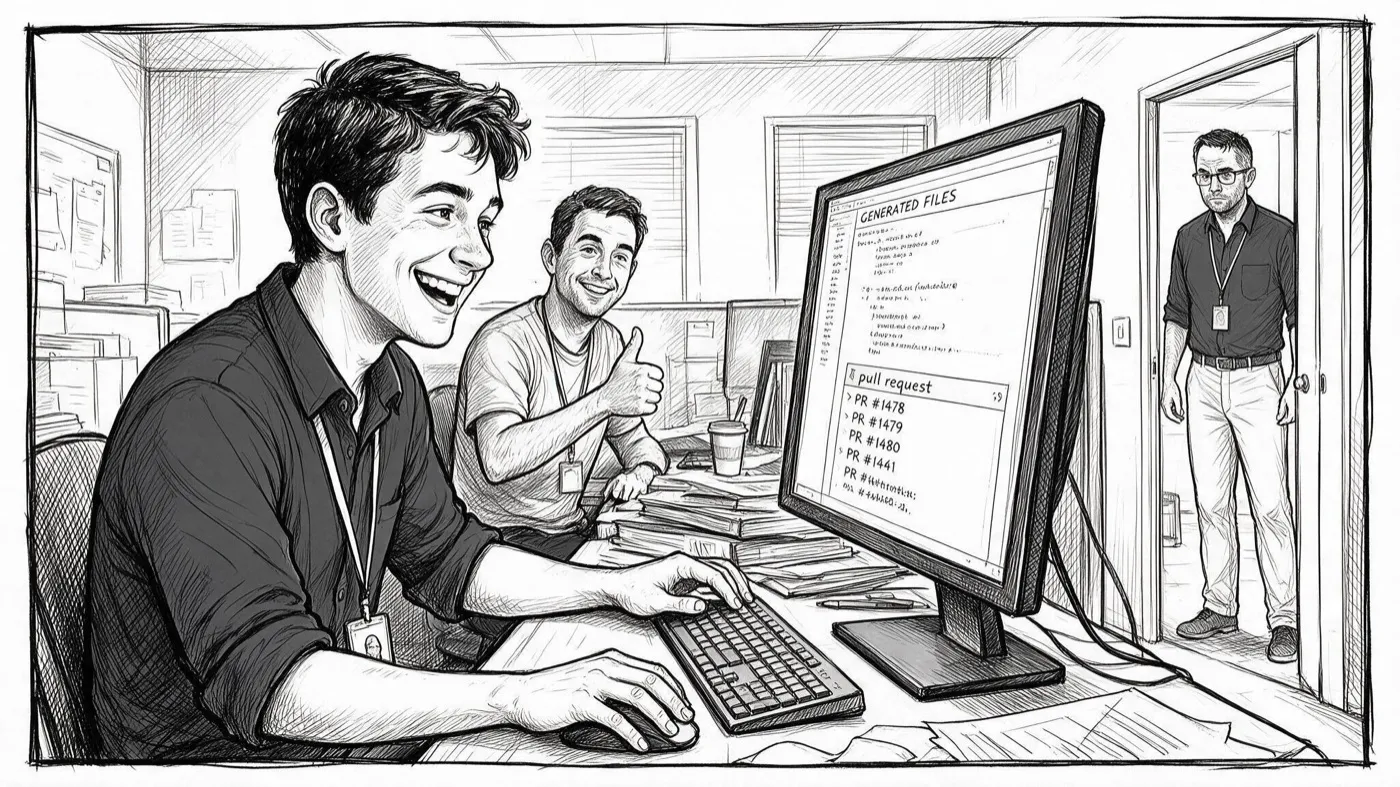 Two developers celebrating at a screen full of generated files while Mark watches from the doorway.