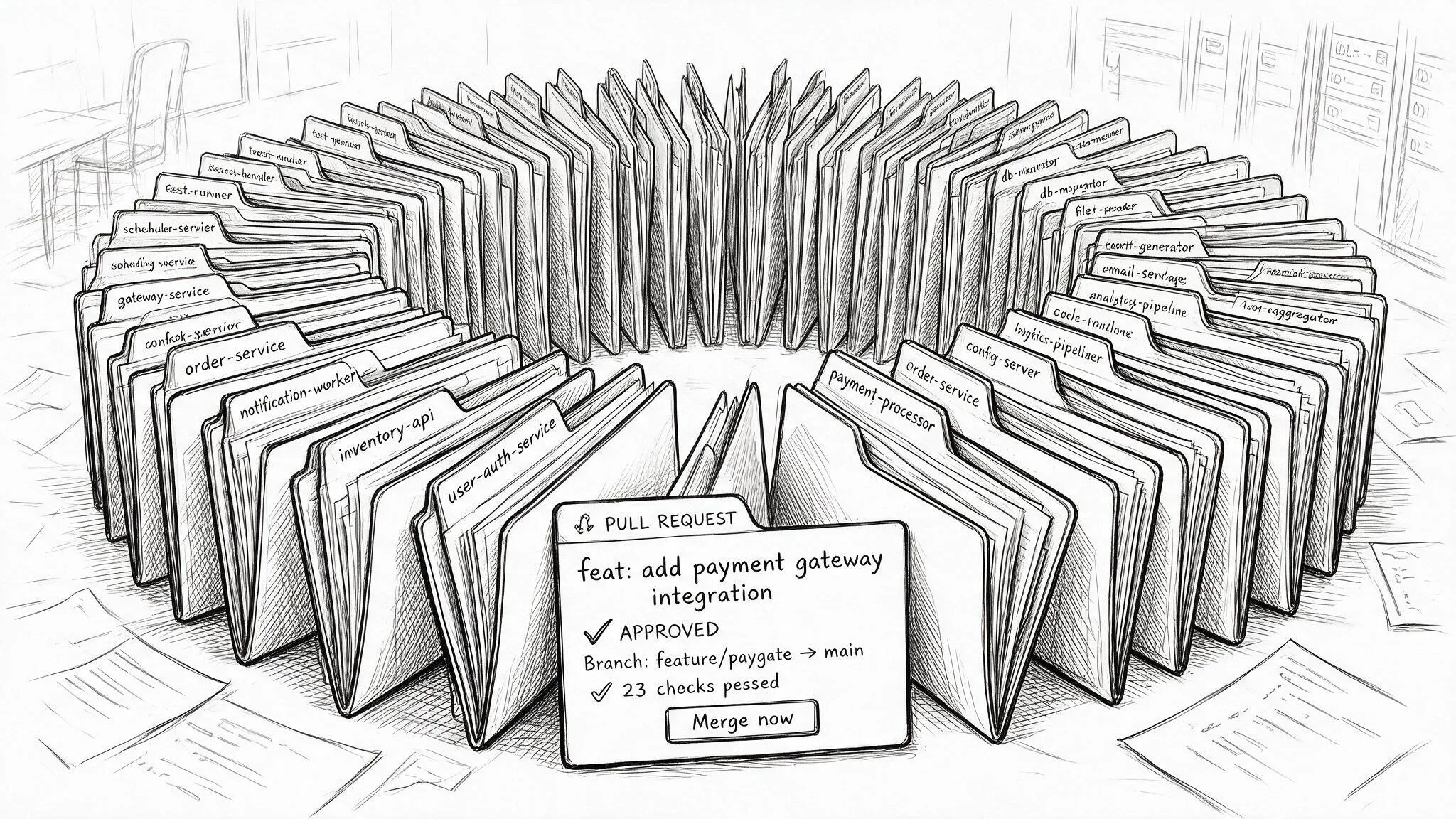 A single merge touching twenty repositories