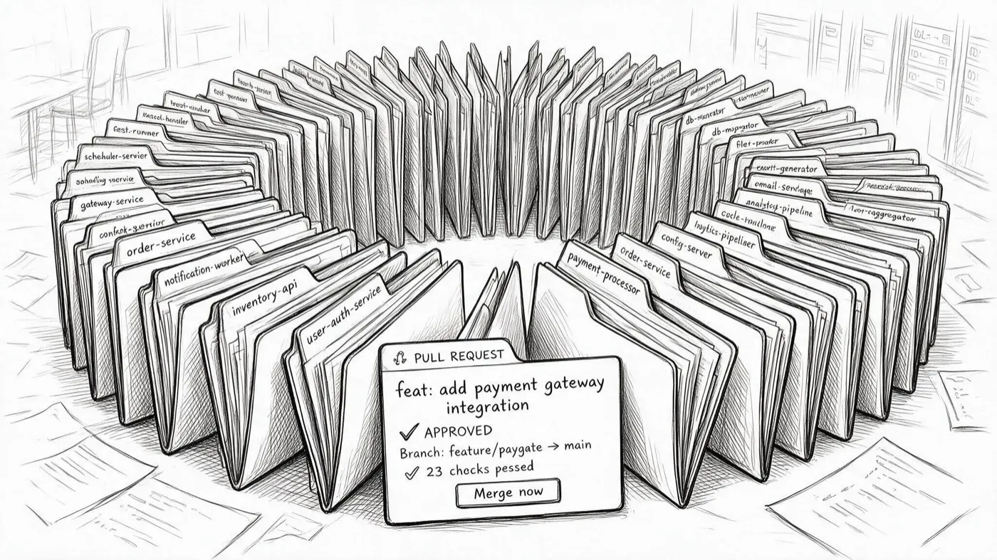 A single approved pull request fanning out into dozens of files.