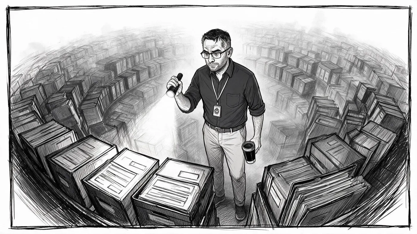Mark alone with a torch in a vast dark archive of stacked repositories.
