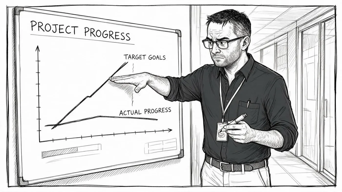 A project progress chart where the target line and the actual line diverge steadily.