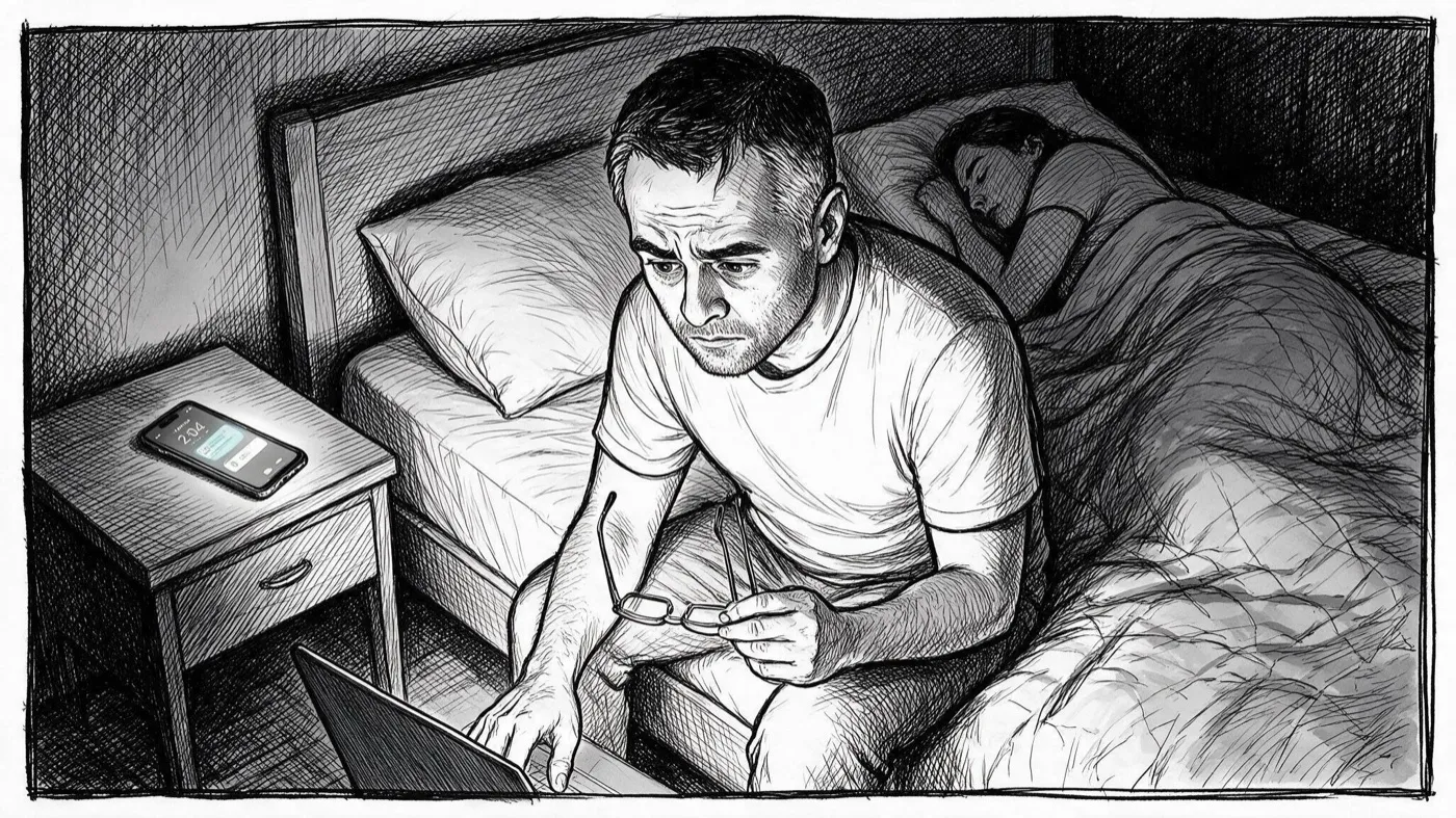 Mark awake in bed at two in the morning with a laptop, an incident on the screen.