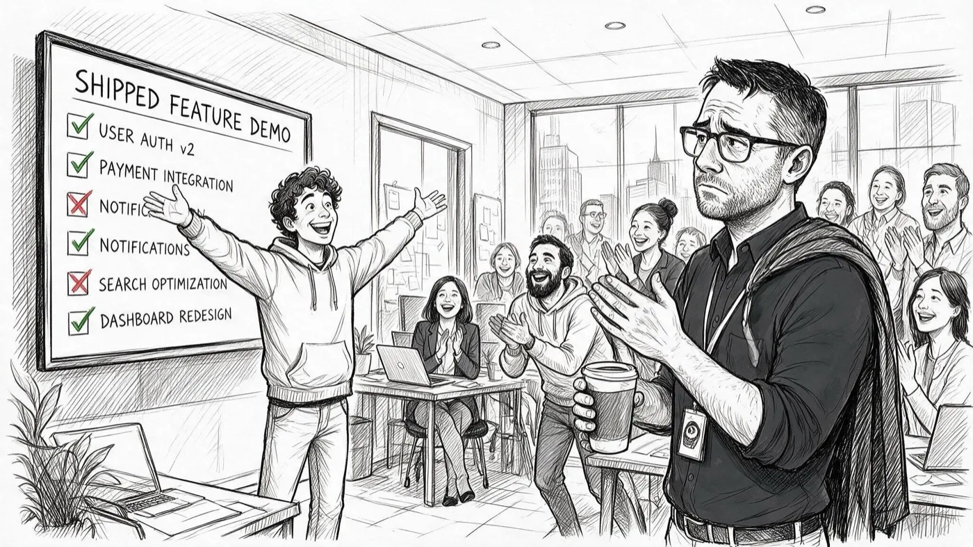 A shipped-feature demo in front of a crowd, with Mark watching uneasily from the side.