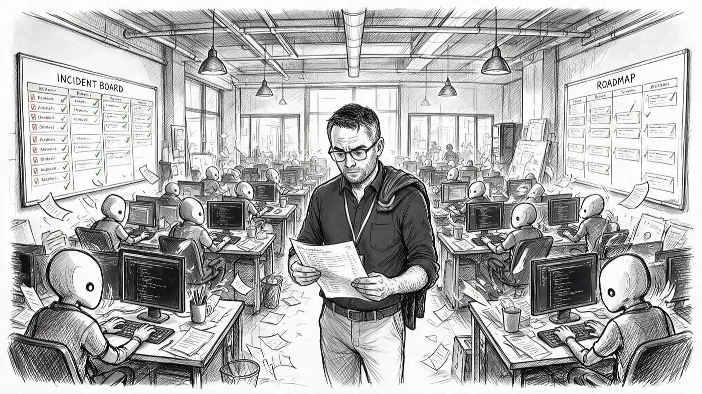 An office of identical figures generating code at every desk while one human reads a printout.