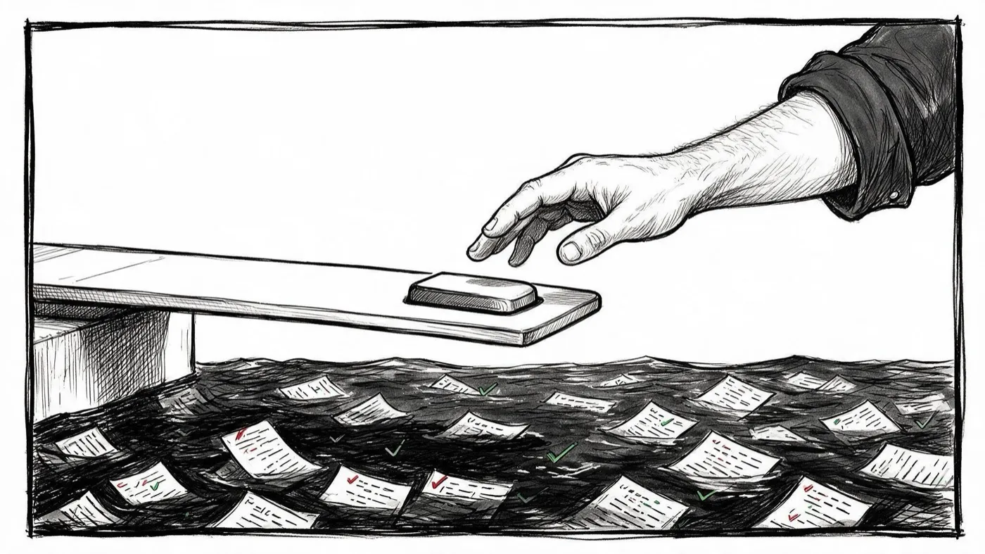 A hand pressing a merge button above a floor buried in unread pull requests.