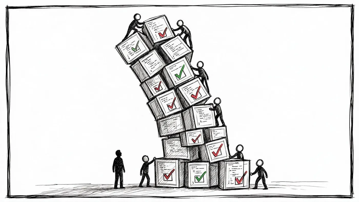 A leaning tower of ticked boxes being stacked higher by small figures.
