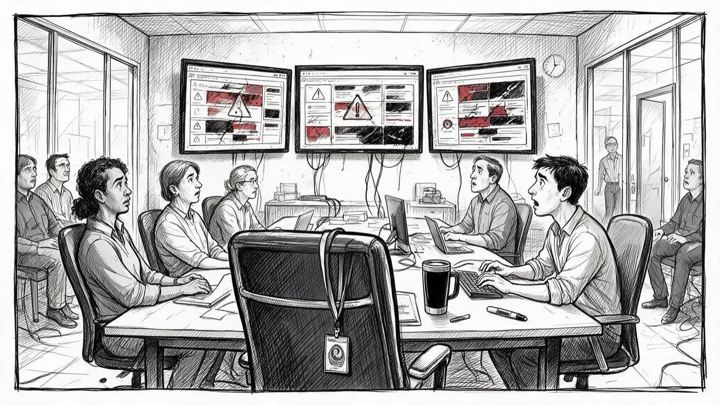 A tense meeting room lit by monitors full of red alerts.